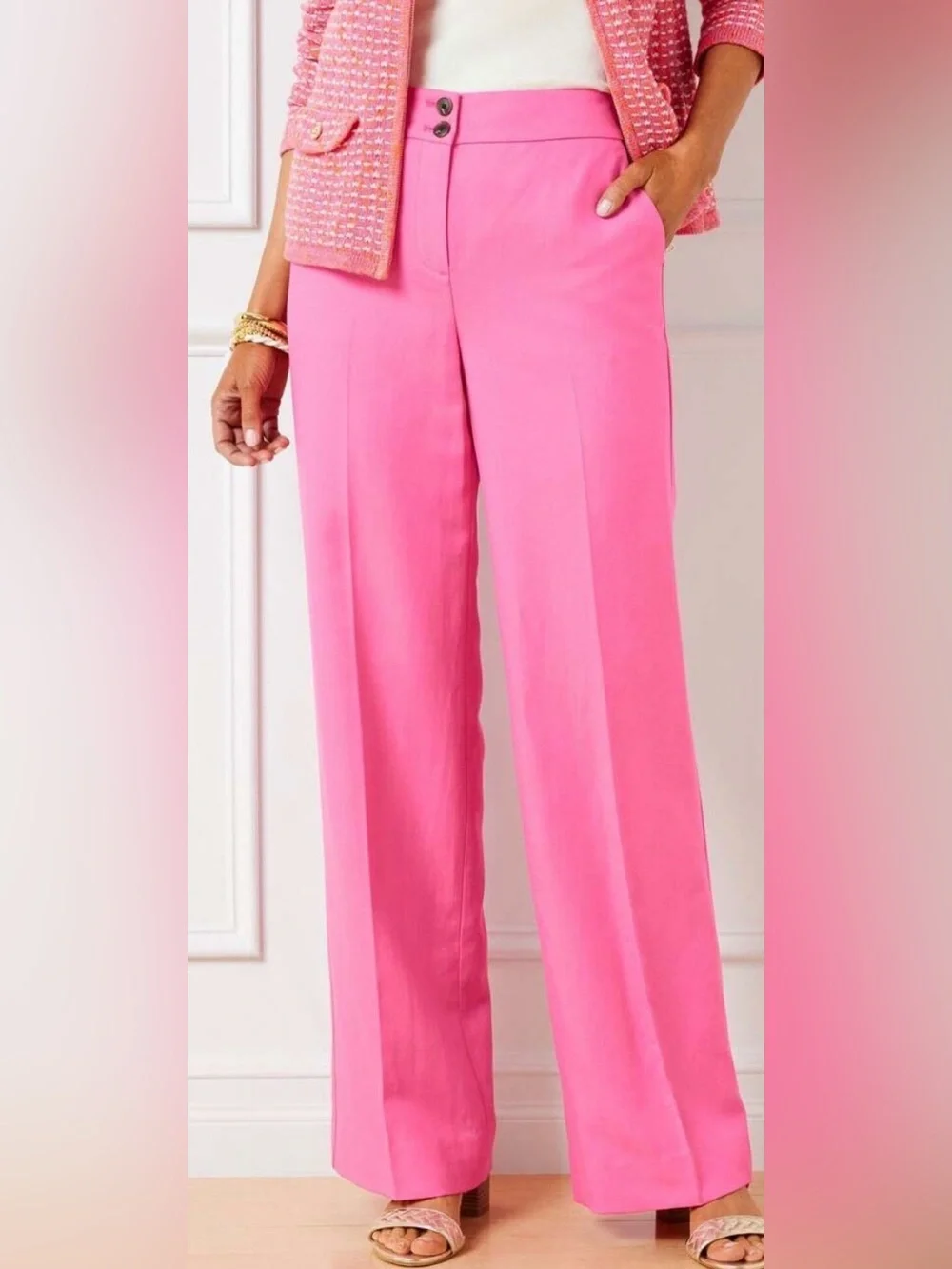 NWT Talbots Greenwich Pants Pink Geranium Linen Blend Wide Leg High Waist 4